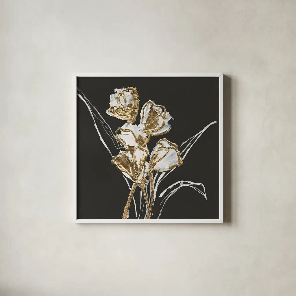 Gilded Tulips by Chris Paschke. Shown in a crisp white glass frame for a clean and minimalist style. Available as an archival giclee rolled canvas, fine art paper, or poster print. SKU 26159a.