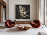 Gilded Tulips by Chris Paschke. Shown as extra-large giant wall art in a modern living room. Available as an archival giclee rolled canvas, fine art paper, or poster print. SKU 26159a.
