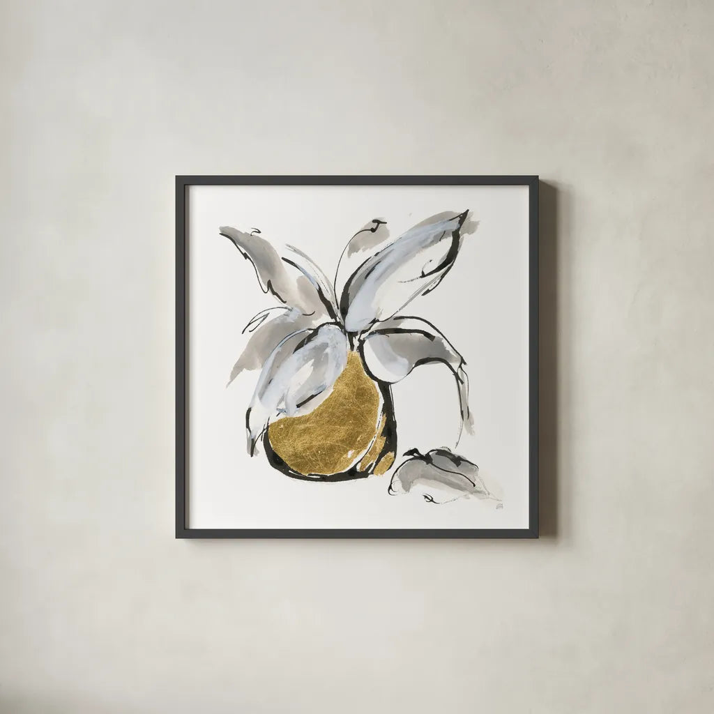 Gilded Vase I by Chris Paschke. Shown in a sleek black glass frame for a contemporary gallery look. Available as an archival giclee rolled canvas, fine art paper, or poster print. SKU 74096a.