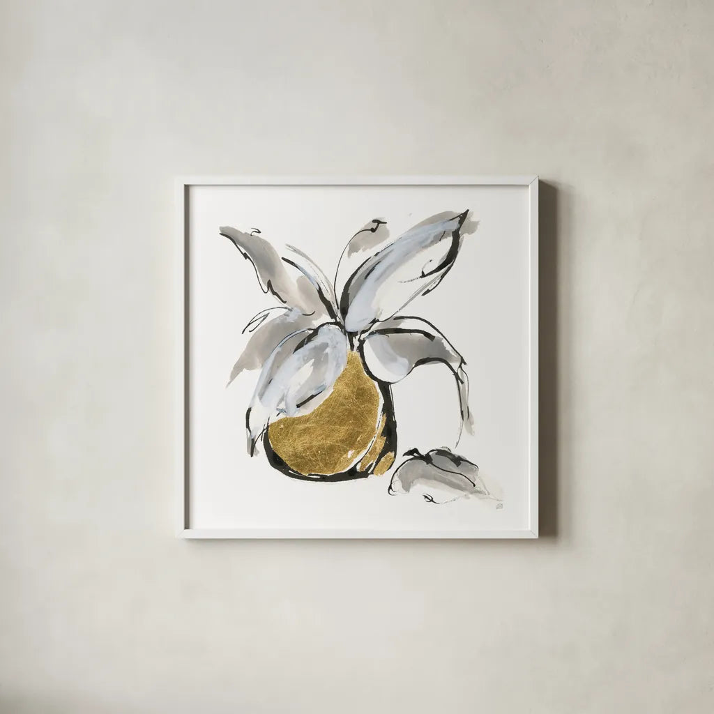 Gilded Vase I by Chris Paschke. Shown in a crisp white glass frame for a clean and minimalist style. Available as an archival giclee rolled canvas, fine art paper, or poster print. SKU 74096a.