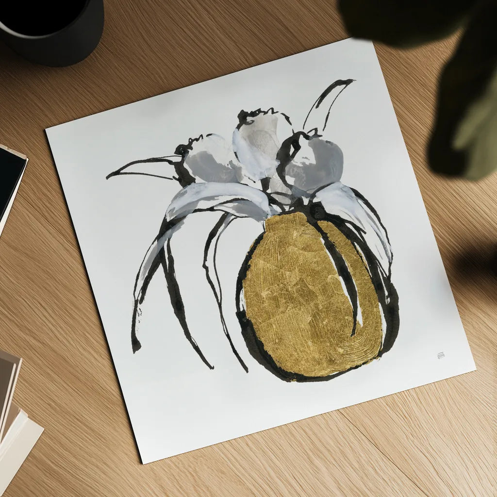 Gilded Vase II by Chris Paschke. Shown as a detailed flat fine art print, highlighting archival giclee quality. Available as an archival giclee rolled canvas, fine art paper, or poster print. SKU 74097a.