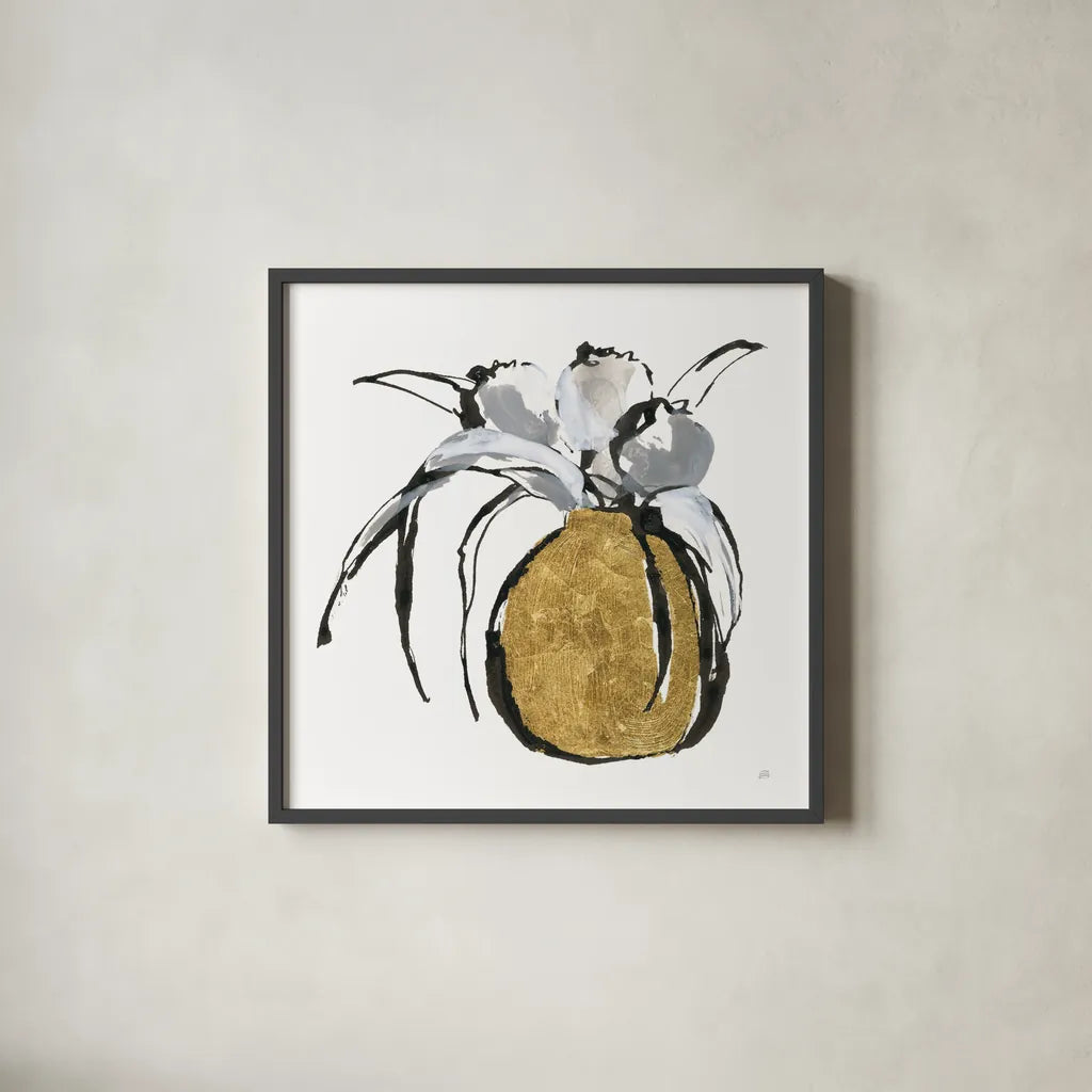 Gilded Vase II by Chris Paschke. Shown in a sleek black glass frame for a contemporary gallery look. Available as an archival giclee rolled canvas, fine art paper, or poster print. SKU 74097a.