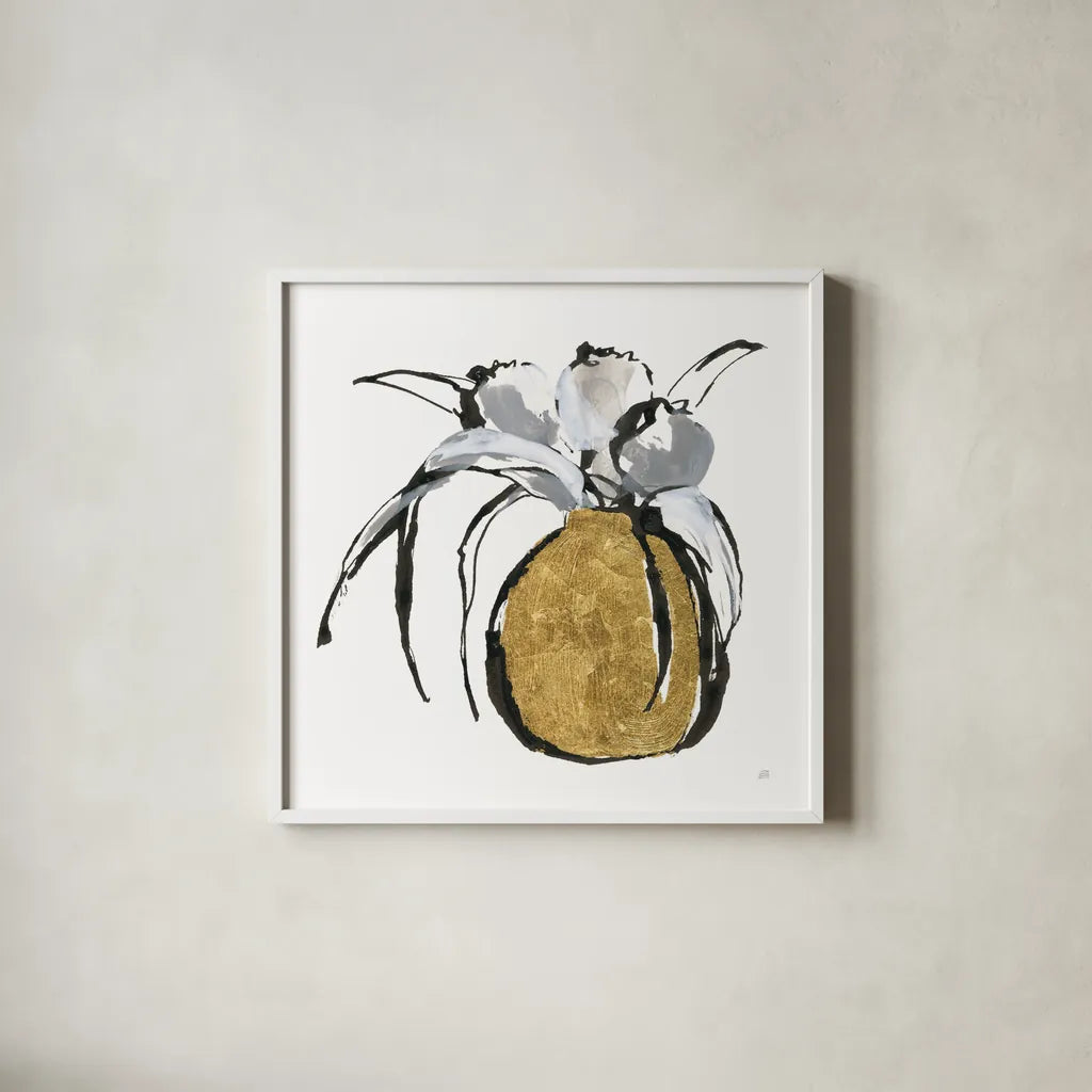 Gilded Vase II by Chris Paschke. Shown in a crisp white glass frame for a clean and minimalist style. Available as an archival giclee rolled canvas, fine art paper, or poster print. SKU 74097a.