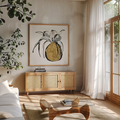 Gilded Vase II by Chris Paschke. Shown in a natural wood frame in a cozy modern living room. Available as an archival giclee rolled canvas, fine art paper, or poster print. SKU 74097a.