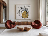 Gilded Vase II by Chris Paschke. Shown as extra-large giant wall art in a modern living room. Available as an archival giclee rolled canvas, fine art paper, or poster print. SKU 74097a.