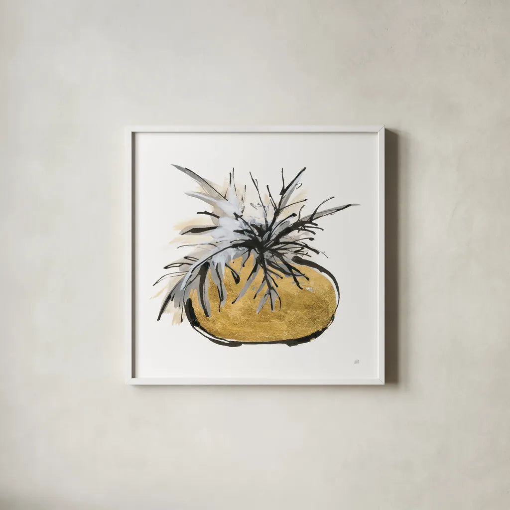 Gilded Vase III by Chris Paschke. Shown in a crisp white glass frame for a clean and minimalist style. Available as an archival giclee rolled canvas, fine art paper, or poster print. SKU 74098a.