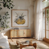 Gilded Vase III by Chris Paschke. Shown in a natural wood frame in a cozy modern living room. Available as an archival giclee rolled canvas, fine art paper, or poster print. SKU 74098a.