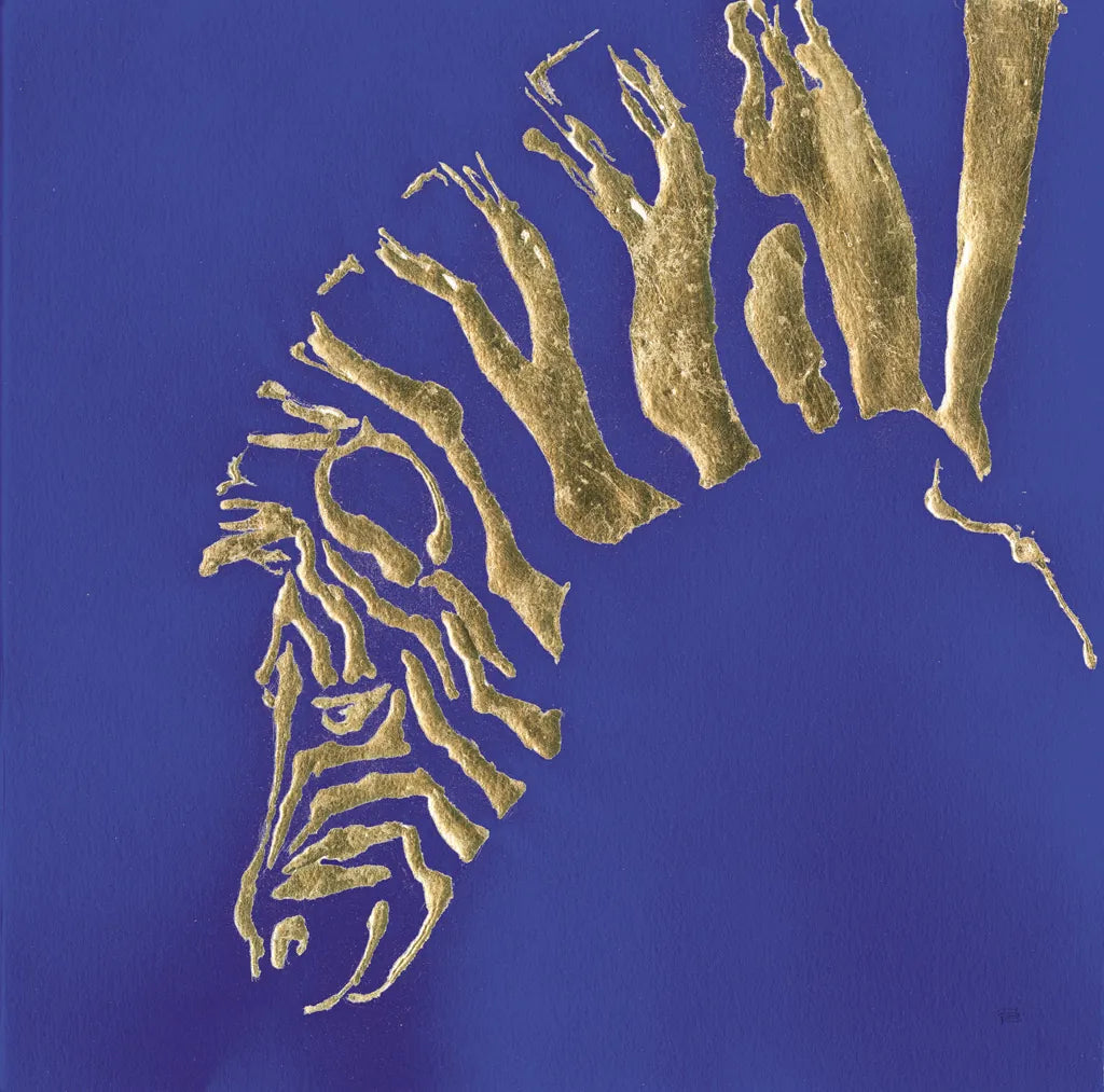 Gilded Zebra Indigo by Chris Paschke. SKU 41920a. Archival Giclee Fine art print for wall decor.