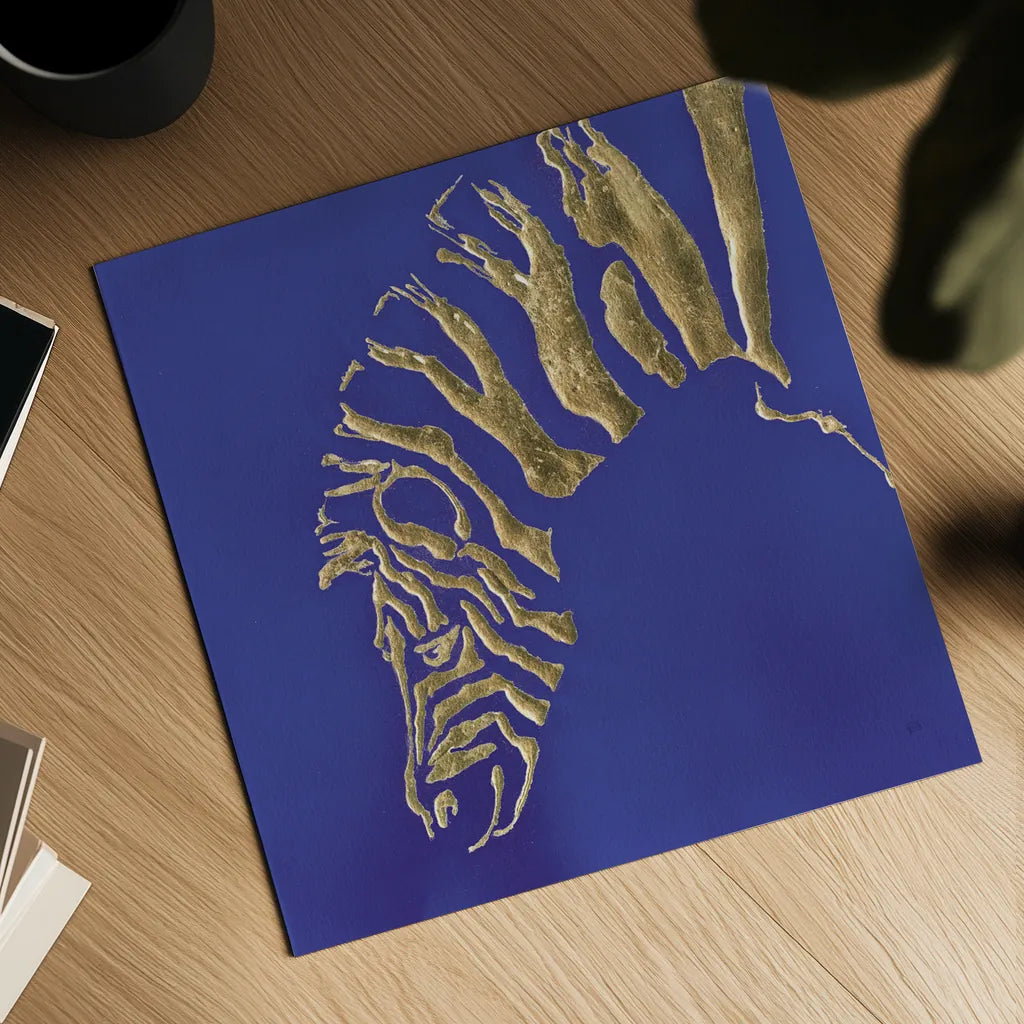 Gilded Zebra Indigo by Chris Paschke. Shown as a detailed flat fine art print, highlighting archival giclee quality. Available as an archival giclee rolled canvas, fine art paper, or poster print. SKU 41920a.