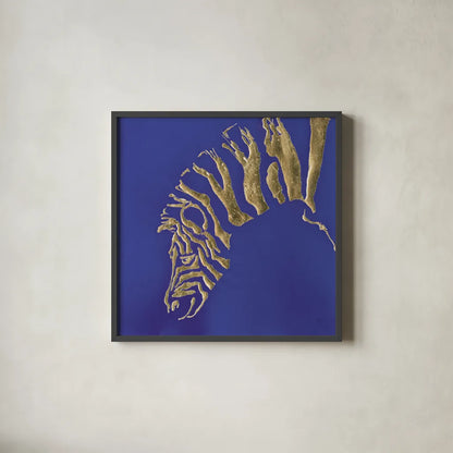 Gilded Zebra Indigo by Chris Paschke. Shown in a sleek black glass frame for a contemporary gallery look. Available as an archival giclee rolled canvas, fine art paper, or poster print. SKU 41920a.