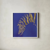 Gilded Zebra Indigo by Chris Paschke. Shown in a crisp white glass frame for a clean and minimalist style. Available as an archival giclee rolled canvas, fine art paper, or poster print. SKU 41920a.