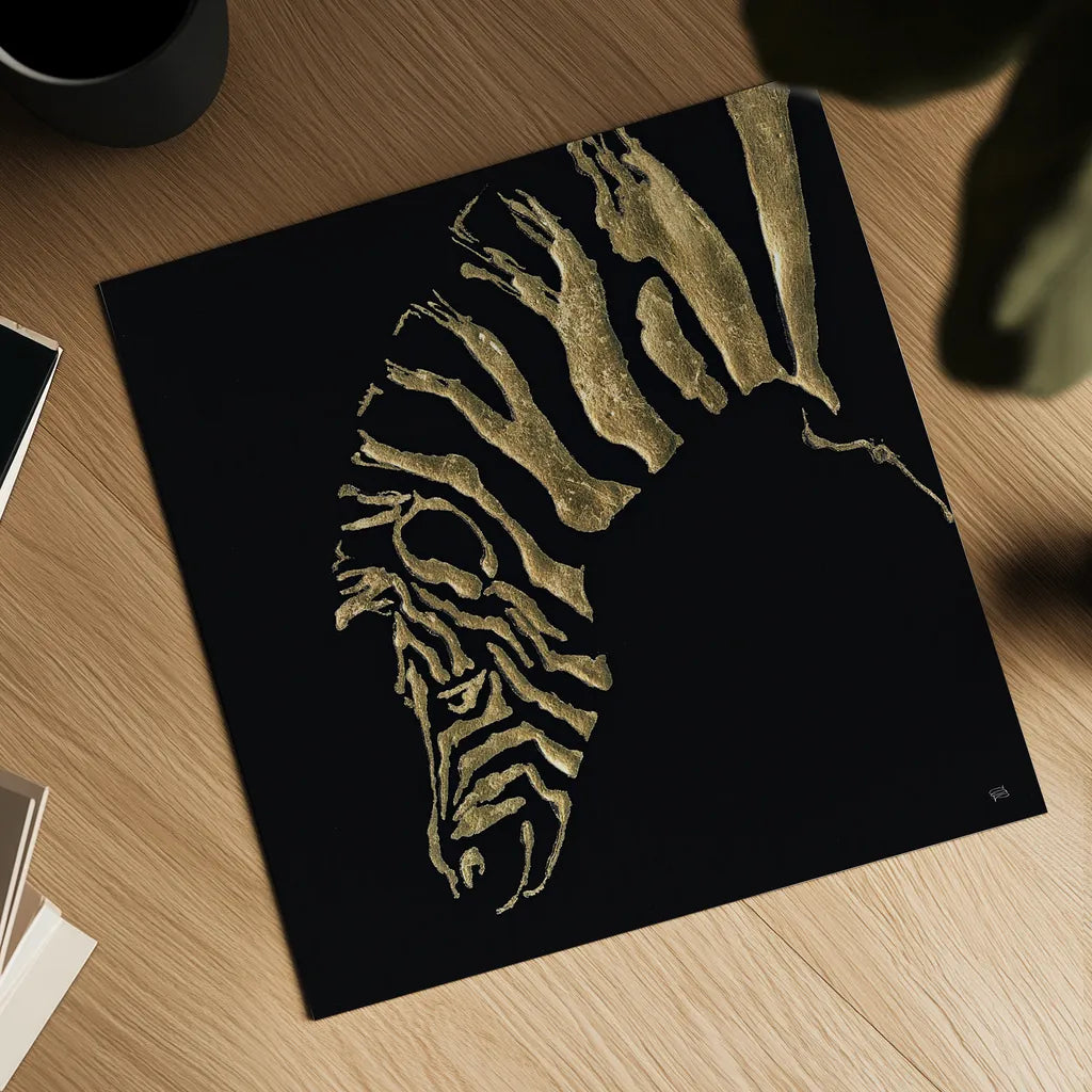 Gilded Zebra on Black by Chris Paschke. Shown as a detailed flat fine art print, highlighting archival giclee quality. Available as an archival giclee rolled canvas, fine art paper, or poster print. SKU 31575a.