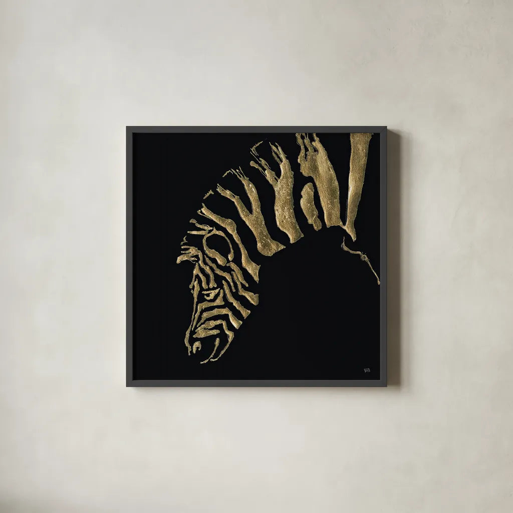 Gilded Zebra on Black by Chris Paschke. Shown in a sleek black glass frame for a contemporary gallery look. Available as an archival giclee rolled canvas, fine art paper, or poster print. SKU 31575a.