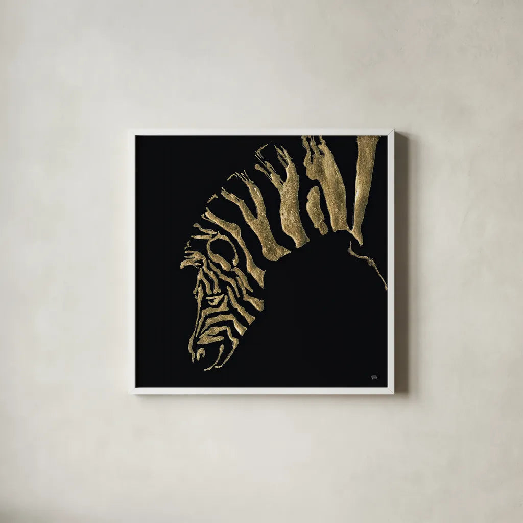 Gilded Zebra on Black by Chris Paschke. Shown in a crisp white glass frame for a clean and minimalist style. Available as an archival giclee rolled canvas, fine art paper, or poster print. SKU 31575a.