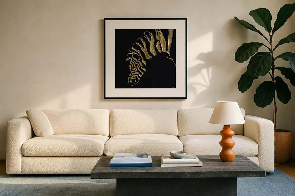 Gilded Zebra on Black by Chris Paschke. Displayed in a glass frame with matte in a clean modern living room. Available as an archival giclee rolled canvas, fine art paper, or poster print. SKU 31575a.