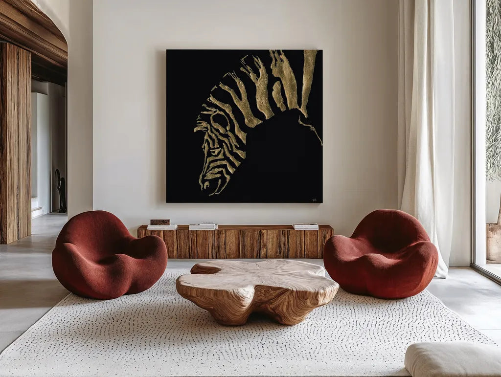 Gilded Zebra on Black by Chris Paschke. Shown as extra-large giant wall art in a modern living room. Available as an archival giclee rolled canvas, fine art paper, or poster print. SKU 31575a.