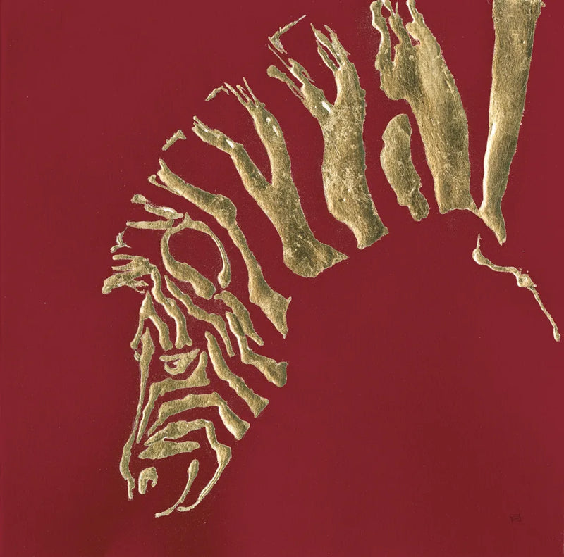 Gilded Zebra on Red by Chris Paschke. SKU 41925a. Archival Giclee Fine art print for wall decor.