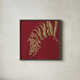 Gilded Zebra on Red by Chris Paschke. Shown in a sleek black glass frame for a contemporary gallery look. Available as an archival giclee rolled canvas, fine art paper, or poster print. SKU 41925a.