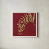Gilded Zebra on Red by Chris Paschke. Shown in a crisp white glass frame for a clean and minimalist style. Available as an archival giclee rolled canvas, fine art paper, or poster print. SKU 41925a.