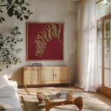 Gilded Zebra on Red by Chris Paschke. Shown in a natural wood frame in a cozy modern living room. Available as an archival giclee rolled canvas, fine art paper, or poster print. SKU 41925a.