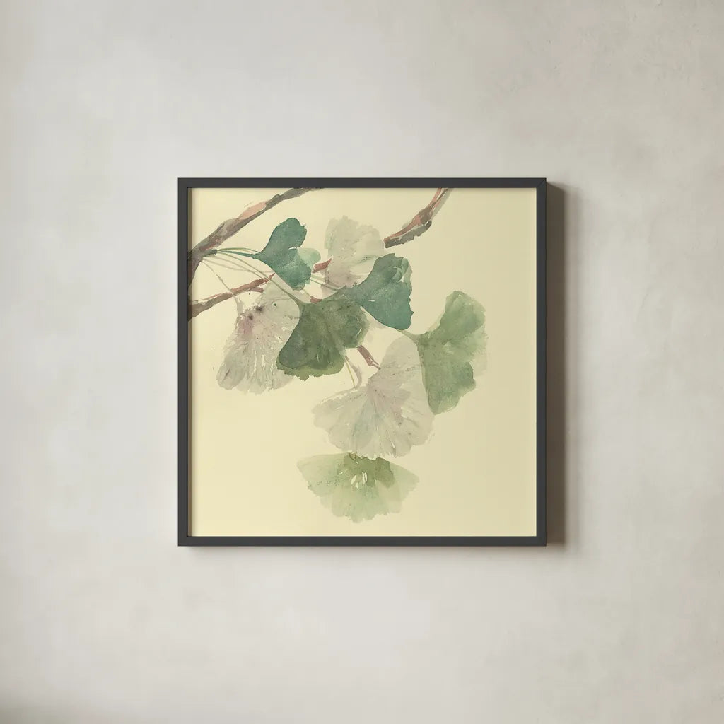 Gingko Leaves I by Chris Paschke. Shown in a sleek black glass frame for a contemporary gallery look. Available as an archival giclee rolled canvas, fine art paper, or poster print. SKU 28612a.