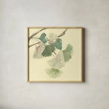Gingko Leaves I by Chris Paschke. Shown in a natural wood glass frame for a timeless modern aesthetic. Available as an archival giclee rolled canvas, fine art paper, or poster print. SKU 28612a.