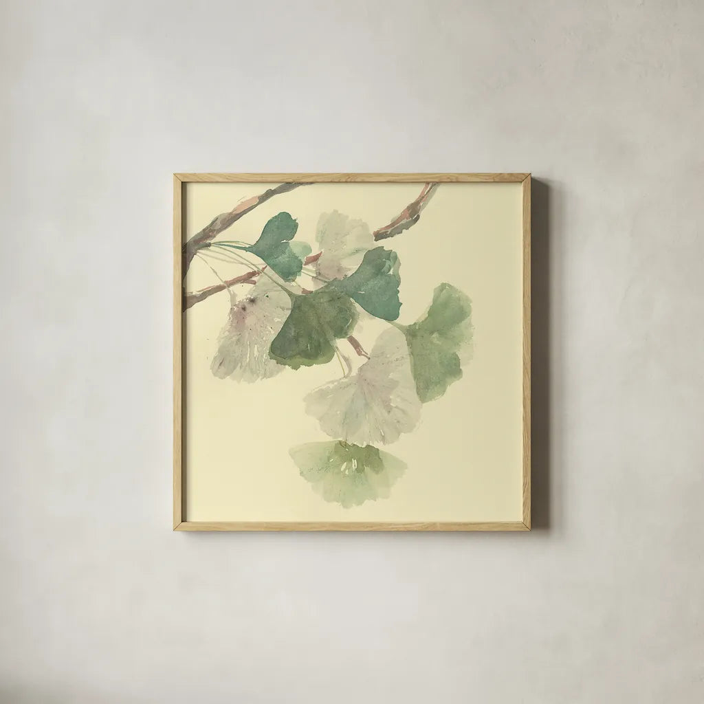 Gingko Leaves I by Chris Paschke. Shown in a natural wood glass frame for a timeless modern aesthetic. Available as an archival giclee rolled canvas, fine art paper, or poster print. SKU 28612a.