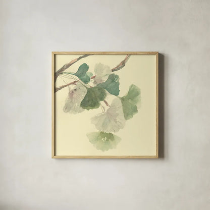 Gingko Leaves I by Chris Paschke. Shown in a natural wood glass frame for a timeless modern aesthetic. Available as an archival giclee rolled canvas, fine art paper, or poster print. SKU 28612a.