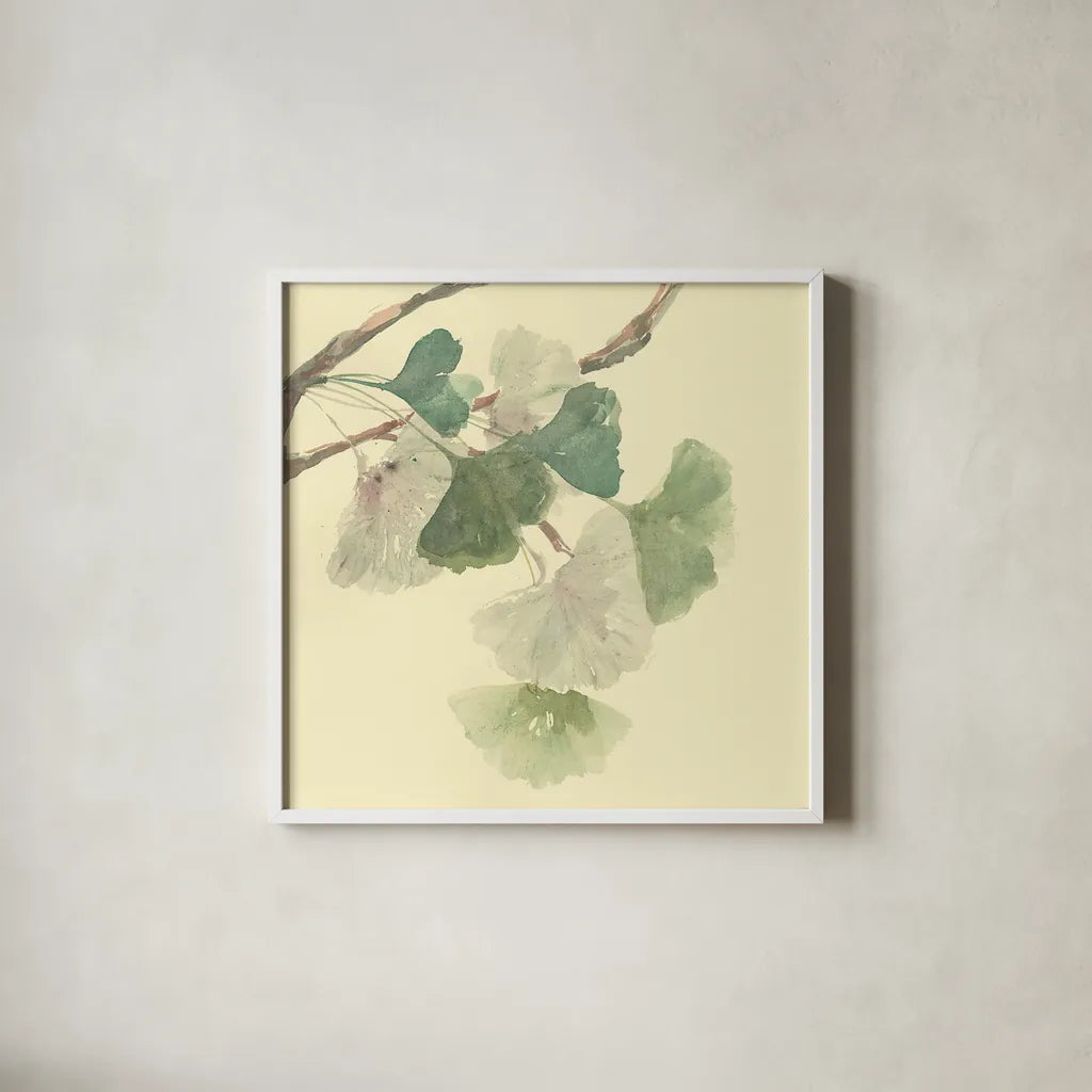Gingko Leaves I by Chris Paschke. Shown in a crisp white glass frame for a clean and minimalist style. Available as an archival giclee rolled canvas, fine art paper, or poster print. SKU 28612a.