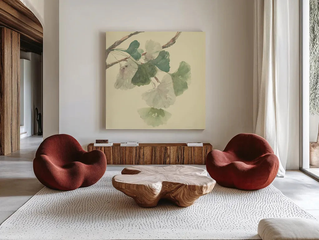 Gingko Leaves I by Chris Paschke. Shown as extra-large giant wall art in a modern living room. Available as an archival giclee rolled canvas, fine art paper, or poster print. SKU 28612a.