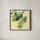 Gingko Leaves I Dark by Chris Paschke. Shown in a sleek black glass frame for a contemporary gallery look. Available as an archival giclee rolled canvas, fine art paper, or poster print. SKU 31586a.