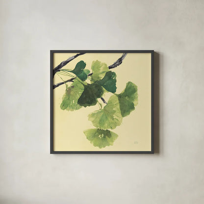 Gingko Leaves I Dark by Chris Paschke. Shown in a sleek black glass frame for a contemporary gallery look. Available as an archival giclee rolled canvas, fine art paper, or poster print. SKU 31586a.