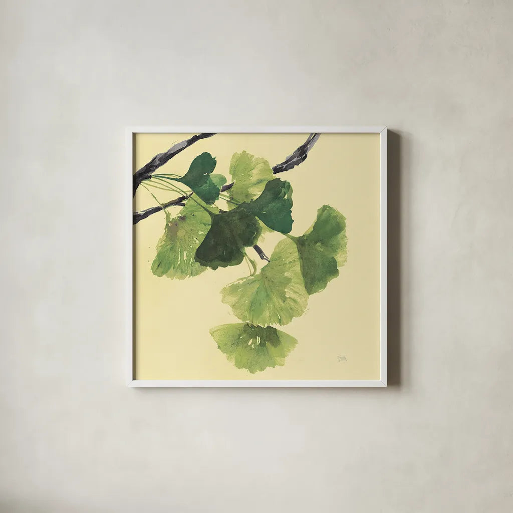 Gingko Leaves I Dark by Chris Paschke. Shown in a crisp white glass frame for a clean and minimalist style. Available as an archival giclee rolled canvas, fine art paper, or poster print. SKU 31586a.