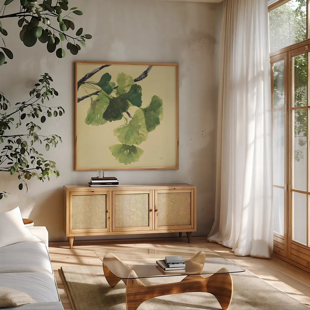 Gingko Leaves I Dark by Chris Paschke. Shown in a natural wood frame in a cozy modern living room. Available as an archival giclee rolled canvas, fine art paper, or poster print. SKU 31586a.