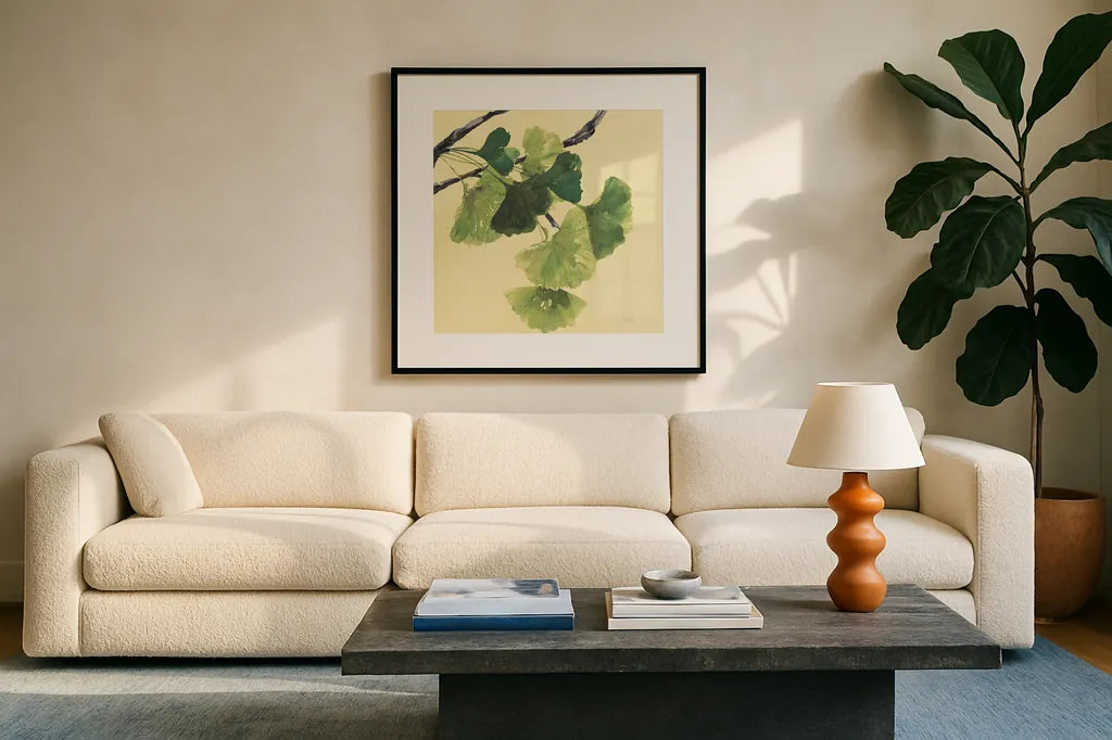 Gingko Leaves I Dark by Chris Paschke. Displayed in a glass frame with matte in a clean modern living room. Available as an archival giclee rolled canvas, fine art paper, or poster print. SKU 31586a.
