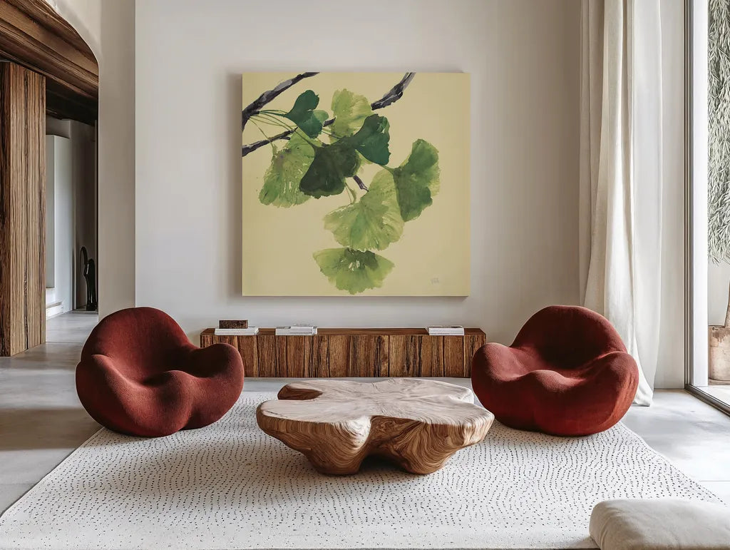 Gingko Leaves I Dark by Chris Paschke. Shown as extra-large giant wall art in a modern living room. Available as an archival giclee rolled canvas, fine art paper, or poster print. SKU 31586a.