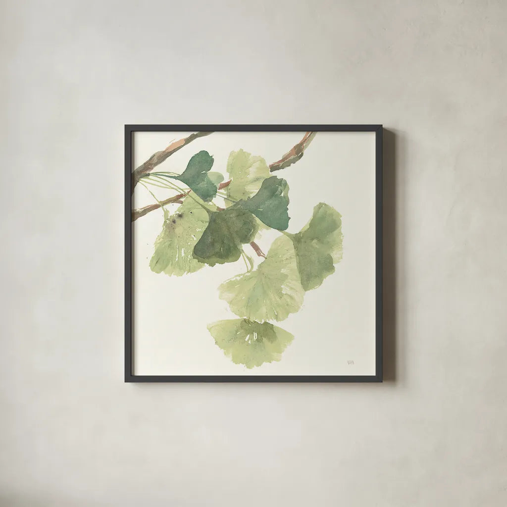 Gingko Leaves I Light by Chris Paschke. Shown in a sleek black glass frame for a contemporary gallery look. Available as an archival giclee rolled canvas, fine art paper, or poster print. SKU 29296a.
