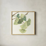 Gingko Leaves I Light by Chris Paschke. Shown in a natural wood glass frame for a timeless modern aesthetic. Available as an archival giclee rolled canvas, fine art paper, or poster print. SKU 29296a.