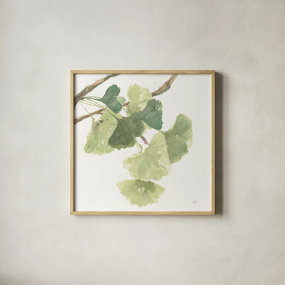 Gingko Leaves I on White by Chris Paschke. Shown in a natural wood glass frame for a timeless modern aesthetic. Available as an archival giclee rolled canvas, fine art paper, or poster print. SKU 30858a.