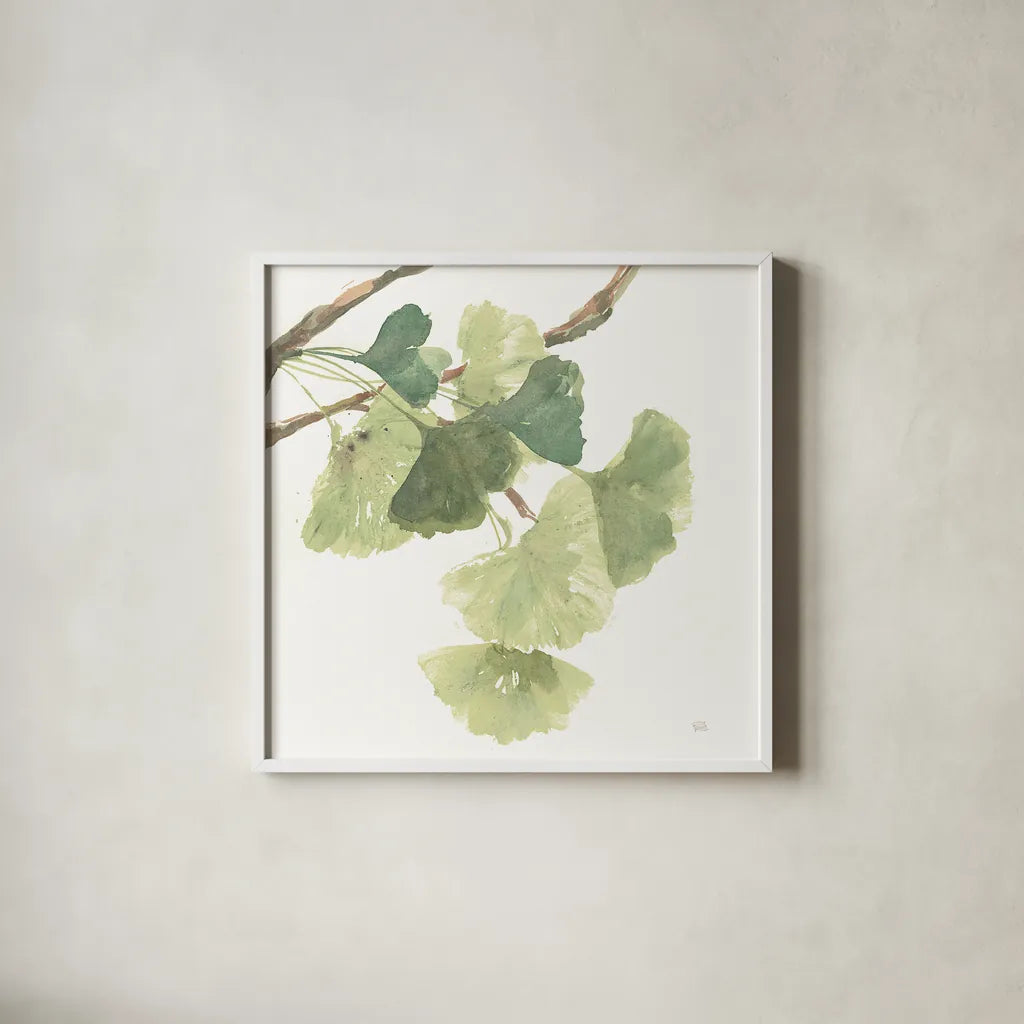 Gingko Leaves I on White by Chris Paschke. Shown in a crisp white glass frame for a clean and minimalist style. Available as an archival giclee rolled canvas, fine art paper, or poster print. SKU 30858a.