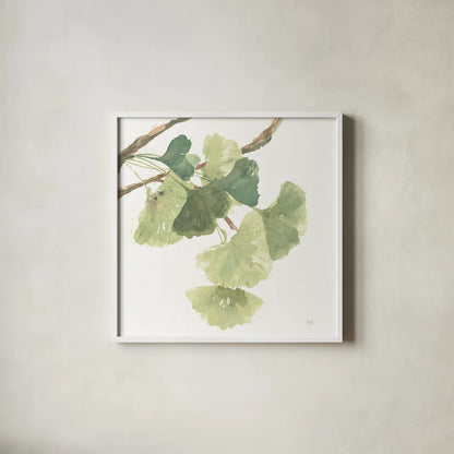 Gingko Leaves I on White by Chris Paschke. Shown in a crisp white glass frame for a clean and minimalist style. Available as an archival giclee rolled canvas, fine art paper, or poster print. SKU 30858a.