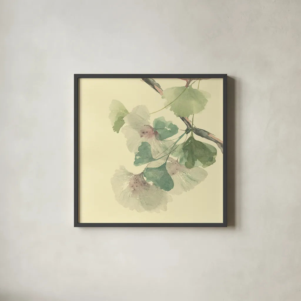 Gingko Leaves II by Chris Paschke. Shown in a sleek black glass frame for a contemporary gallery look. Available as an archival giclee rolled canvas, fine art paper, or poster print. SKU 28613a.