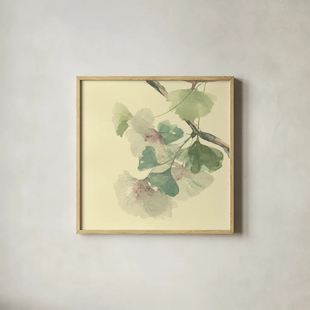 Gingko Leaves II by Chris Paschke. Shown in a natural wood glass frame for a timeless modern aesthetic. Available as an archival giclee rolled canvas, fine art paper, or poster print. SKU 28613a.