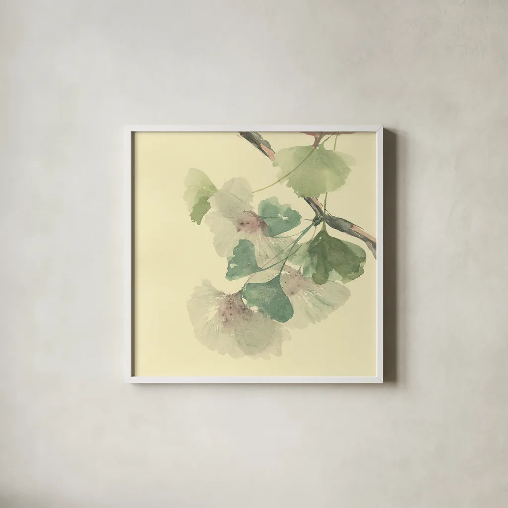 Gingko Leaves II by Chris Paschke. Shown in a crisp white glass frame for a clean and minimalist style. Available as an archival giclee rolled canvas, fine art paper, or poster print. SKU 28613a.