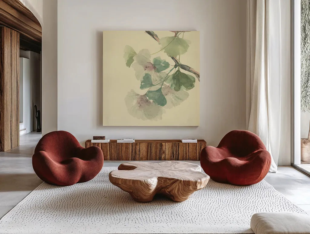 Gingko Leaves II by Chris Paschke. Shown as extra-large giant wall art in a modern living room. Available as an archival giclee rolled canvas, fine art paper, or poster print. SKU 28613a.