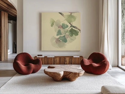 Gingko Leaves II by Chris Paschke. Shown as extra-large giant wall art in a modern living room. Available as an archival giclee rolled canvas, fine art paper, or poster print. SKU 28613a.