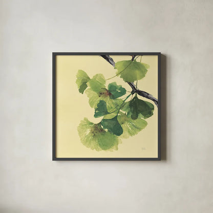 Gingko Leaves II Dark by Chris Paschke. Shown in a sleek black glass frame for a contemporary gallery look. Available as an archival giclee rolled canvas, fine art paper, or poster print. SKU 31587a.