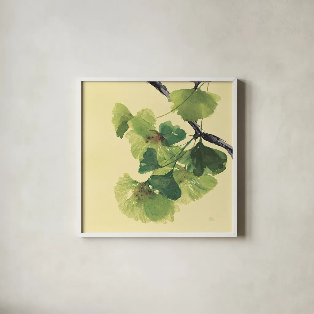 Gingko Leaves II Dark by Chris Paschke. Shown in a crisp white glass frame for a clean and minimalist style. Available as an archival giclee rolled canvas, fine art paper, or poster print. SKU 31587a.