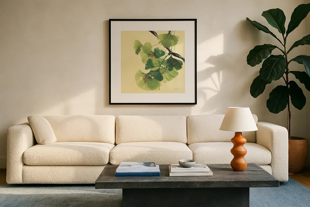 Gingko Leaves II Dark by Chris Paschke. Displayed in a glass frame with matte in a clean modern living room. Available as an archival giclee rolled canvas, fine art paper, or poster print. SKU 31587a.