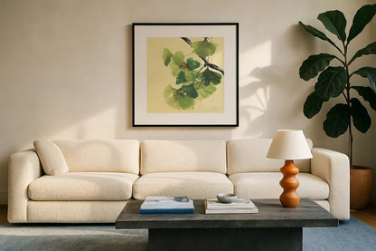 Gingko Leaves II Dark by Chris Paschke. Displayed in a glass frame with matte in a clean modern living room. Available as an archival giclee rolled canvas, fine art paper, or poster print. SKU 31587a.